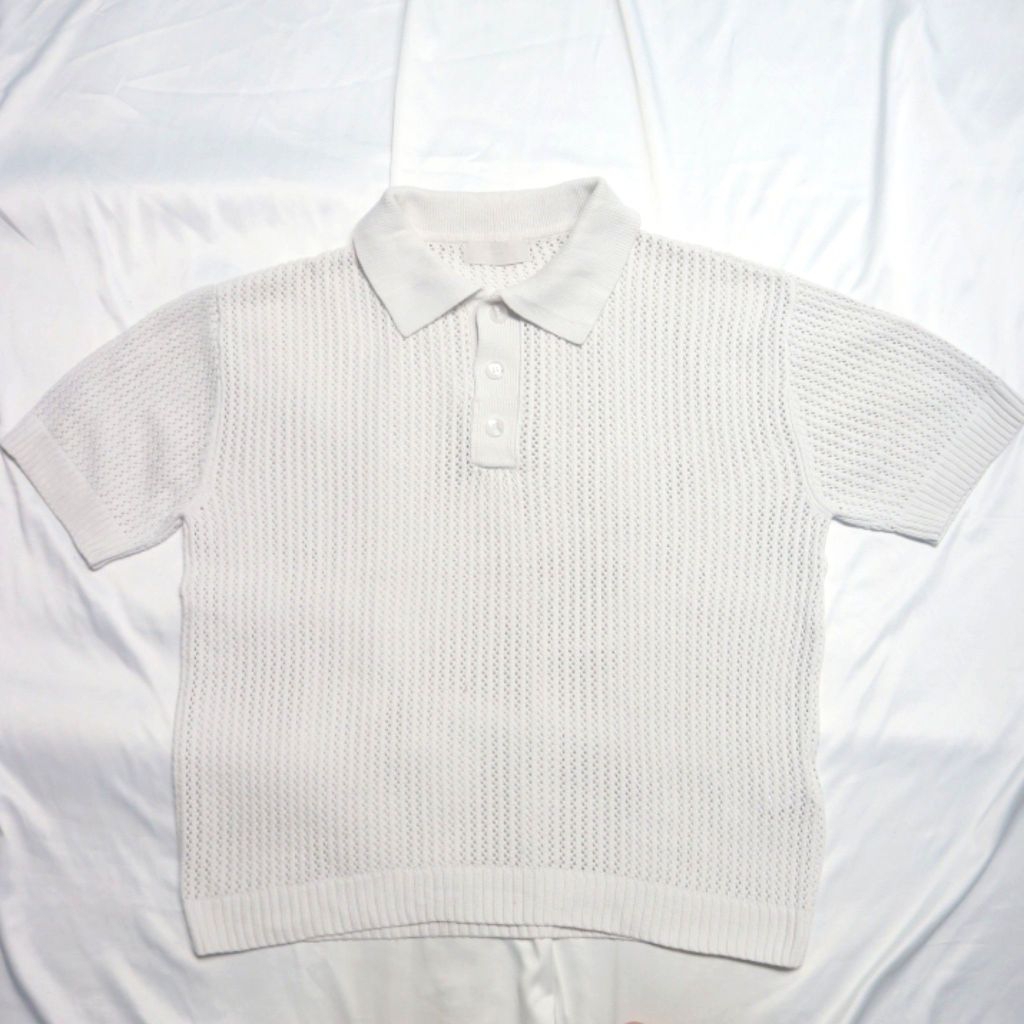 MINAV Polo Shirt Jaring Katun Putih Korean Knitwear Sweater Sweatshirt Crewneck Rajut Wool Jaket