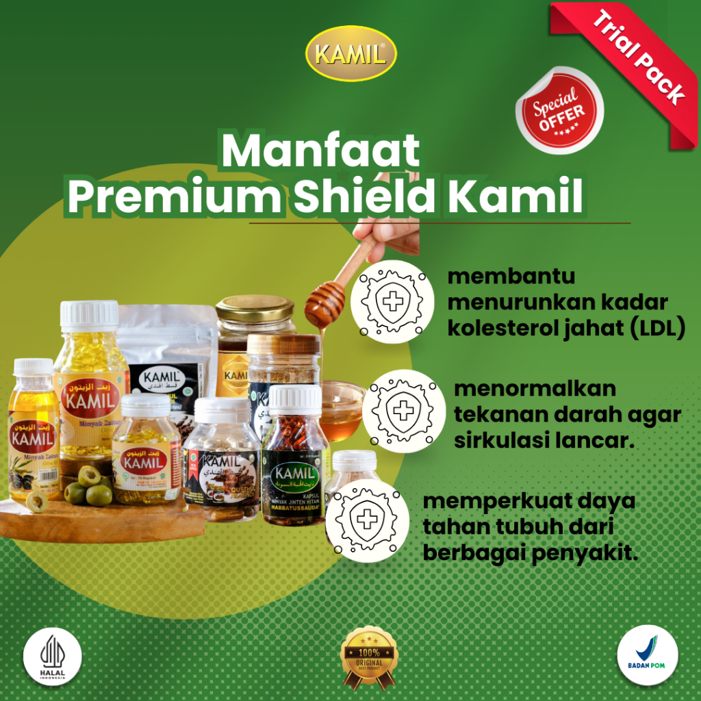 Bundle Kamil 3in1 & Minya Jinten Habbatussauda Isi 210 Kapsul, Madu Kamil, Bubuk Qusthul Hindi 70 Ka