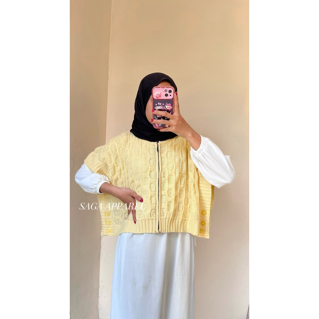 Yomanah Vest - Atasan Vest Rompi Rajut Zipper Crop Wanita Variasi Kancing Samping Kekinian