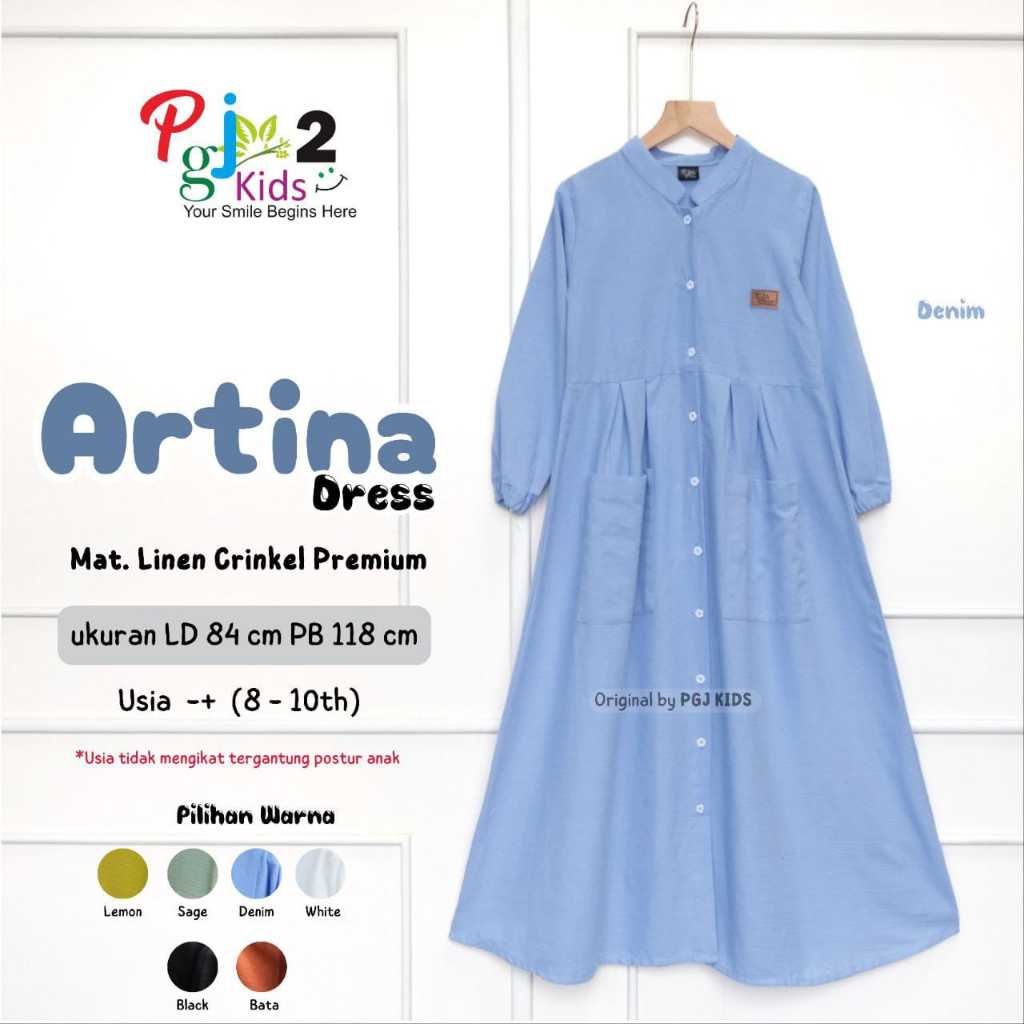 GAMIS POLOS ANAK REMAJA PEREMPUAN BAHAN LINEN CRINKLE PREMIUM || ARTINA DRESS REMAJA USIA 10 TAHUN