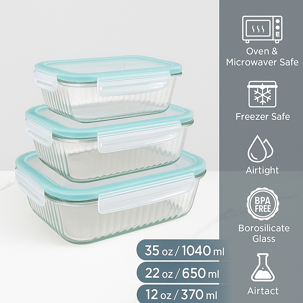 Wadah Makan Kaca Borosilicate Airtight tutup klip silikon BPA Free aman Oven dan Microwave tanpa tut