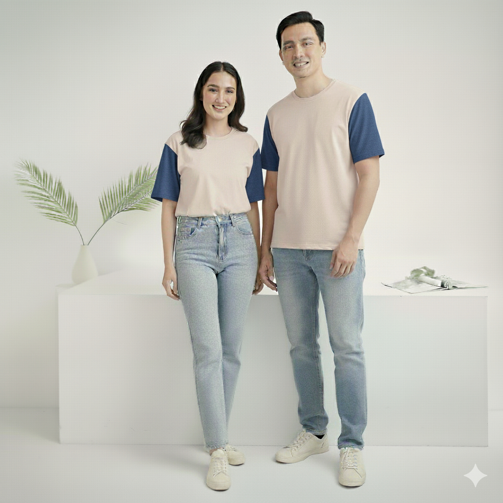 KAOS KOMBINASI PEACH - DENIM : KAOS COUPLE KELUARGA 2 WARNA/  COUPLE KELUARGA BEIGE LENGAN DENIM/ CO
