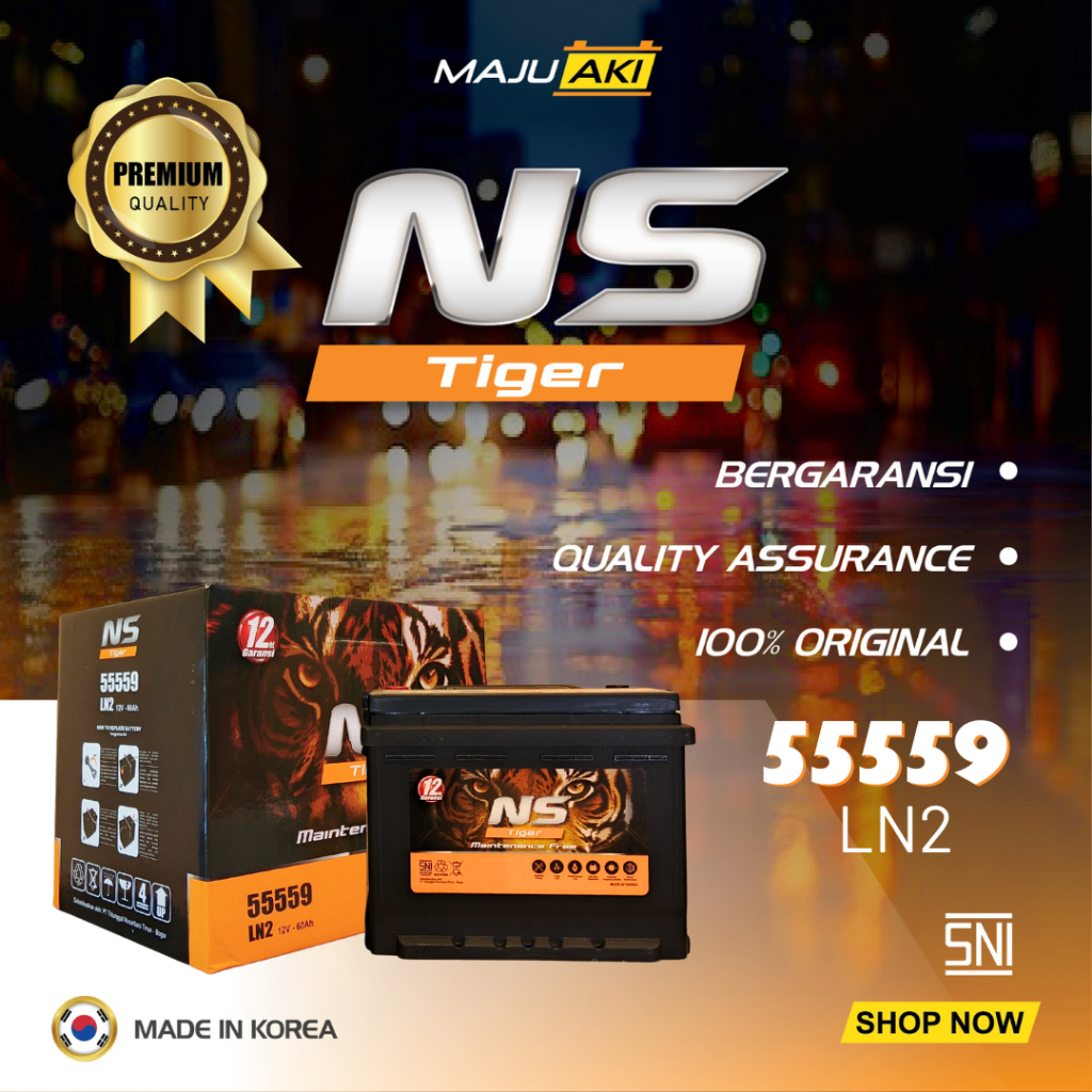 Aki Mobil 55Ah 12V Aki Kering Premium NS Tiger MF 55559 LN2 Tahan Lama Kualitas Korea
