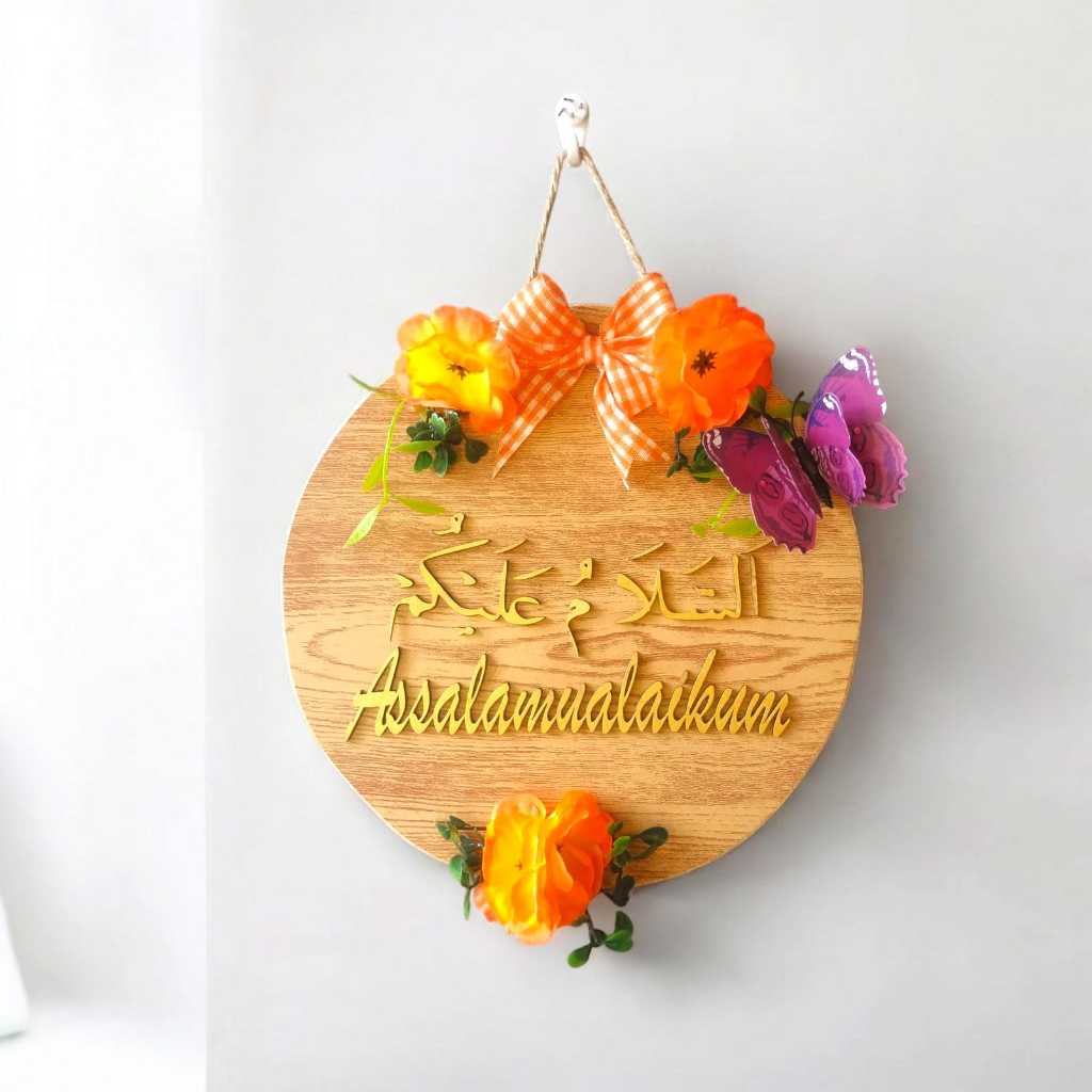 Hiasan Dinding gantung pintu aesthetic tulisan Assalamualaikum modern Bulat  tali Home decor bunga u