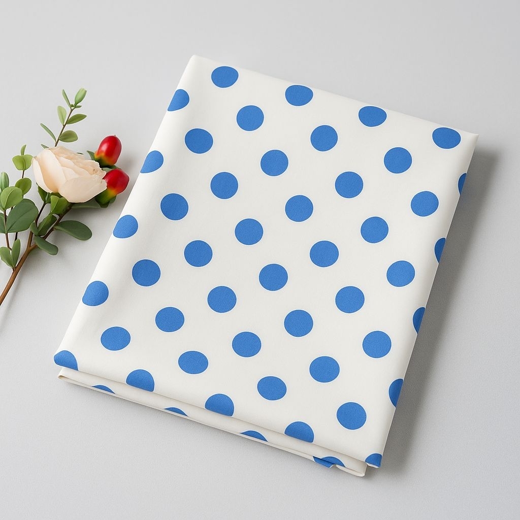 Kain Satin Silk Polkadot Biru Putih Premium - Bahan Jahit Dress, Gamis, Blouse