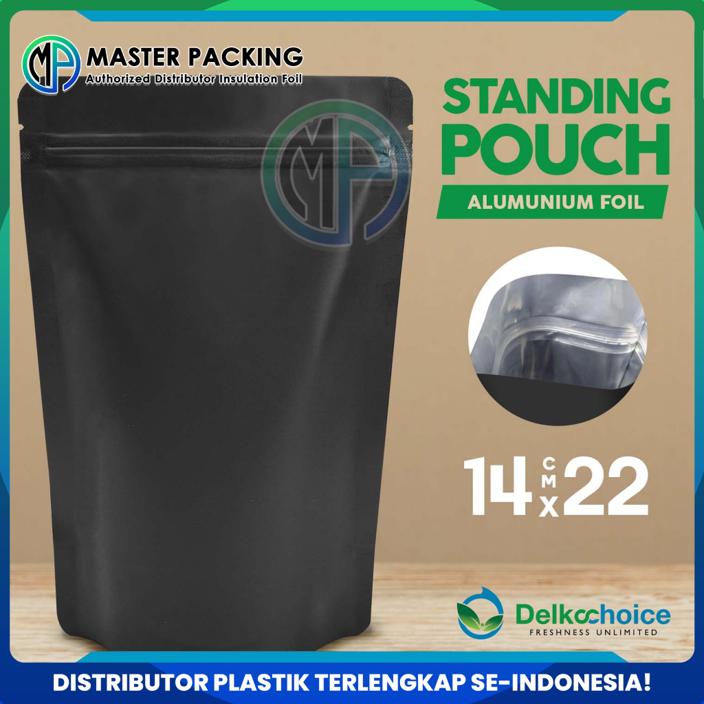 Standing Pouch Full Metalizing Plastik Klip Makanan 14X22CM Hitam Standing Pouch Ziplock Satuan