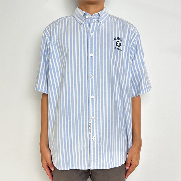 Kemeja AAPE NOW EMBROIDERY HEAD PATCH BLACK STRIPE WHITE BLUE SHIRT 100% ORIGINAL