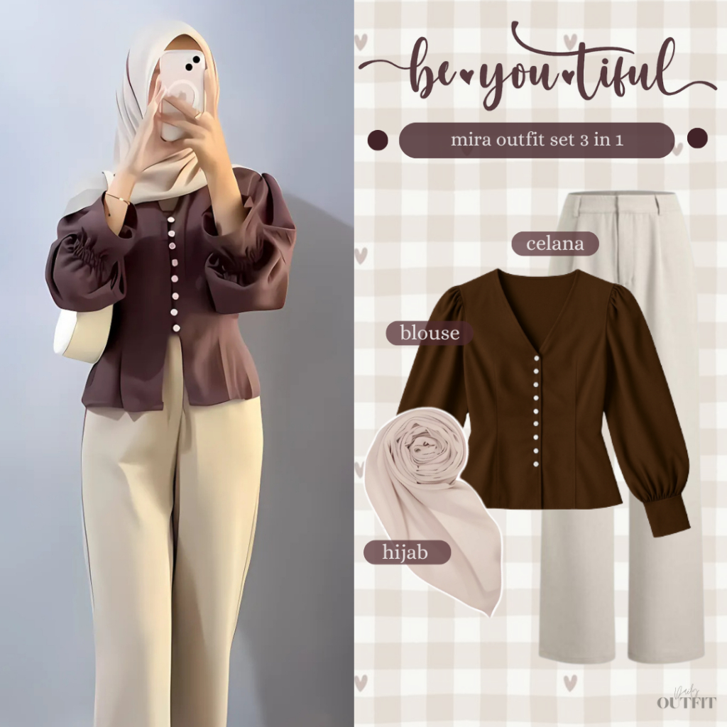 Outfit Wanita Kekinian ( Blouse + Celana Kulot + Bella Square ) Setelan Ootd Remaja One set Mira