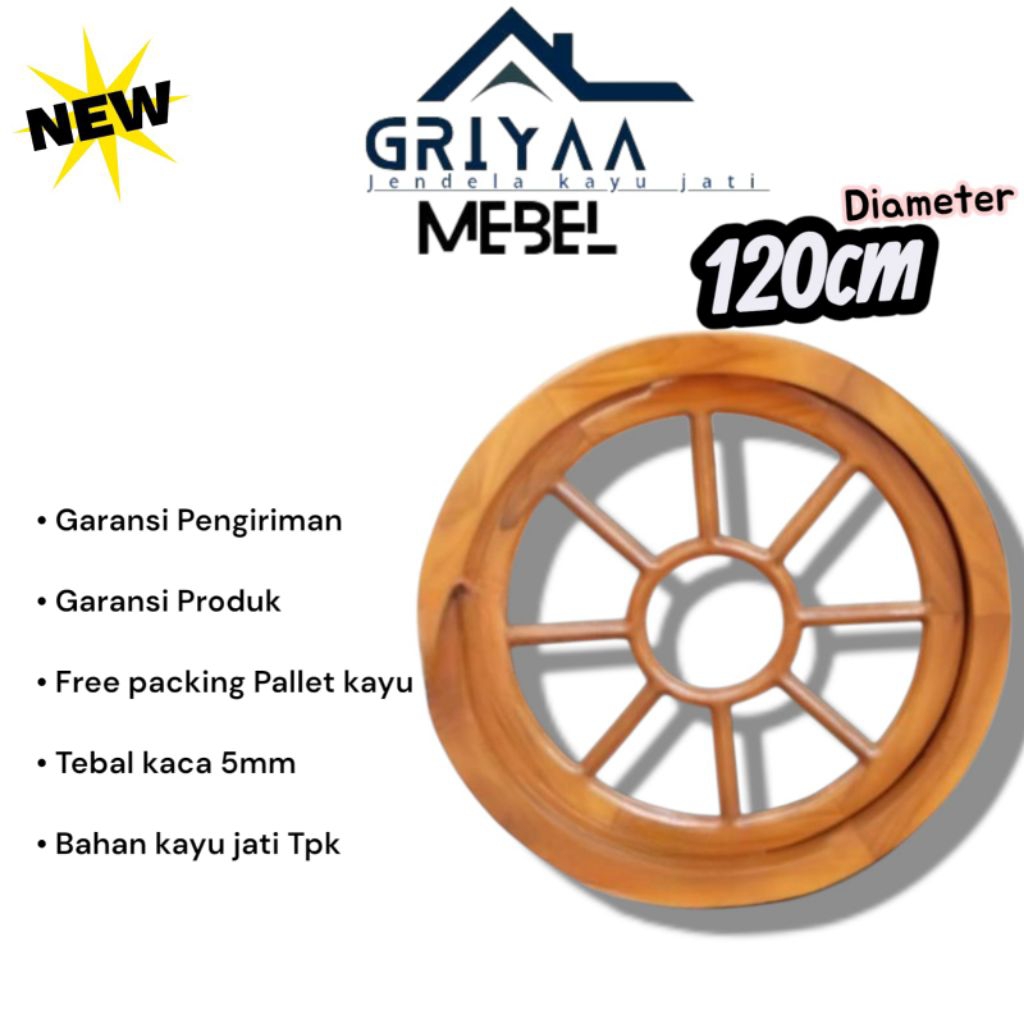 Jendela Bulat Kayu Jati Solid Diameter 120cm kjb8_120