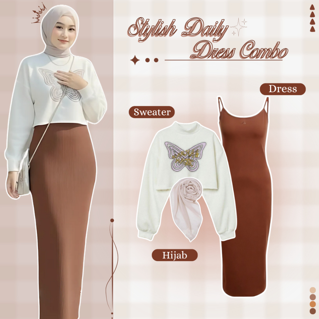 Outfit Wanita Kekinian Set Ootd Hijab (Dress Mocca + Sweater Crop + Hijab Sand) One Set Korean Style