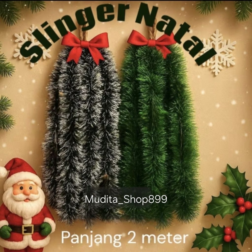 SLINGER NATAL PREMIUM 2 METER/GARLAN TINSEL HIJAU SALJU/SLINGER DEKORASI POHON NATAL