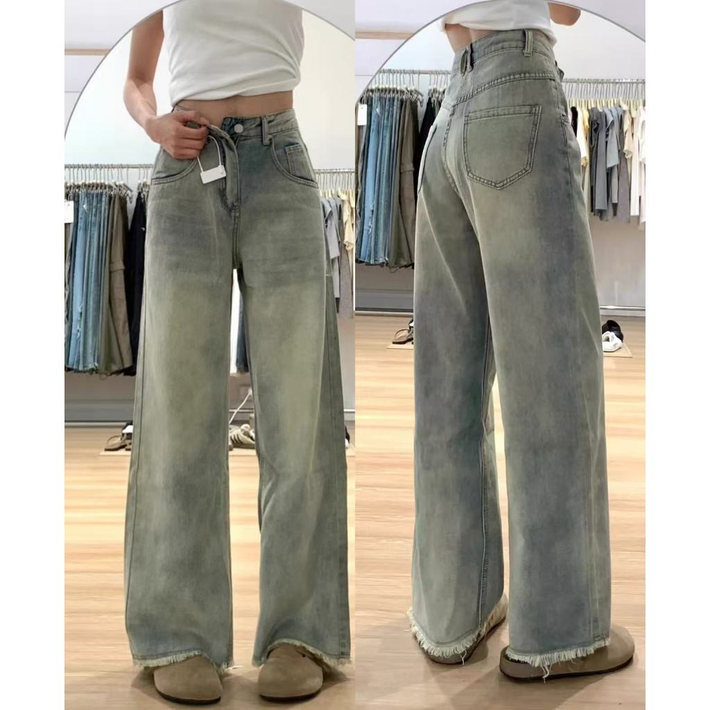 YOYO - Biru retro Korea Style Highwaist Loose Celana Jeans Wanita Kekinian Celana Jins Rawis