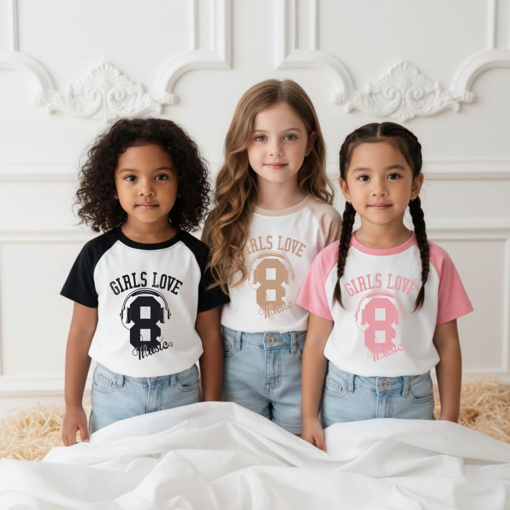 Kaos Anak Perempuan Model Raglan Lengan Pendek GIRLS LOVE Music Edisi Terbaru, Desain Keren dan Tren