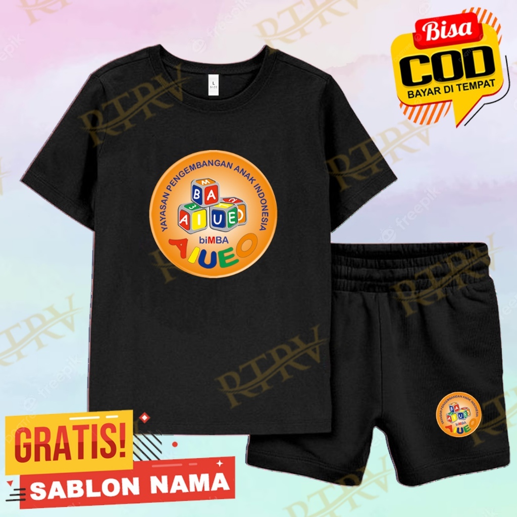 Setelan Kaos Pendek Bimba AIUEO / Baju Setelan Anak Laki Laki & Perempuan
