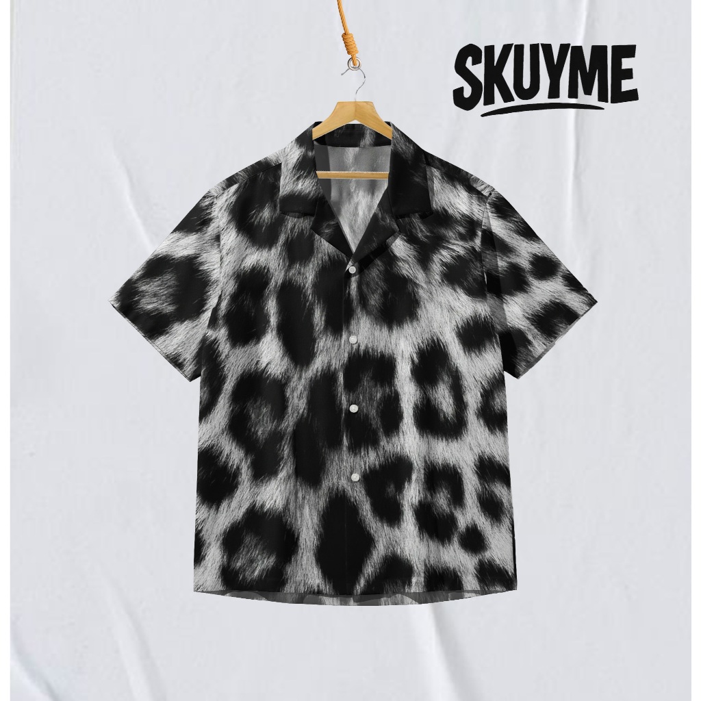 SKUYME Kemeja Pria Fullprint Lengan Pendek Motif Leopard Hitam Putih Animal Print | SK-Ttl