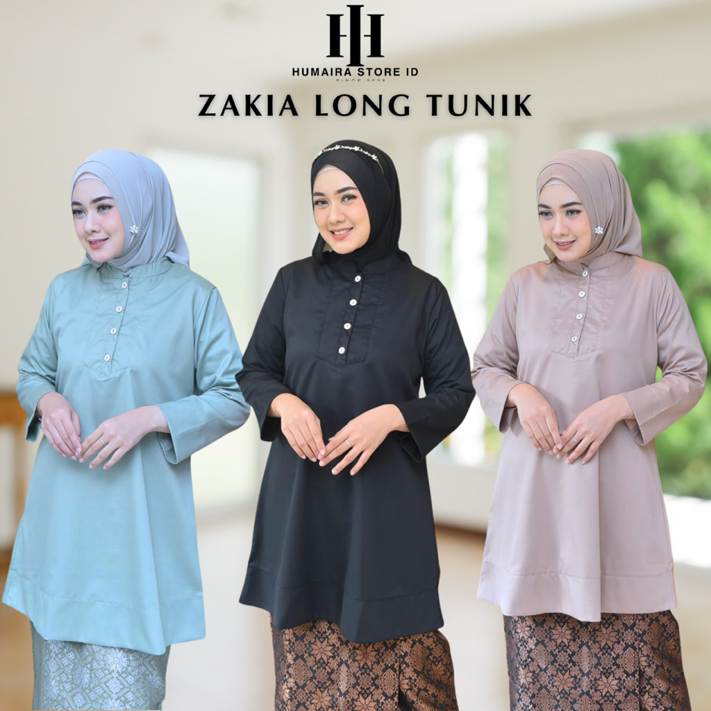 Zakia Long Tunik Basic Baju Kancing Depan Busui Frendly Bahan Toyobo Fodu Adem Lembut Size M L XL