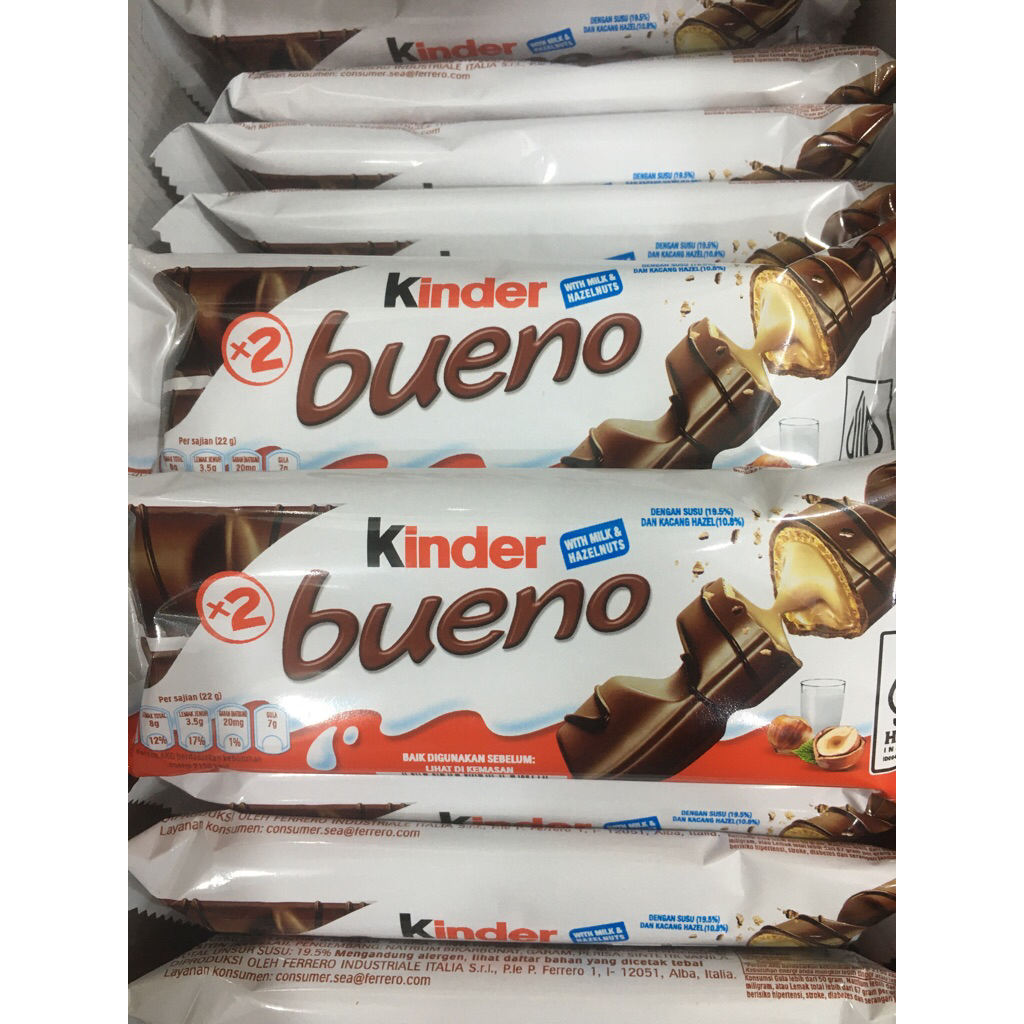 Kinder Bueno Wafer Lapis Cokelat Isi Krim susu Dan Kacang Hazel 43gr Import Italia