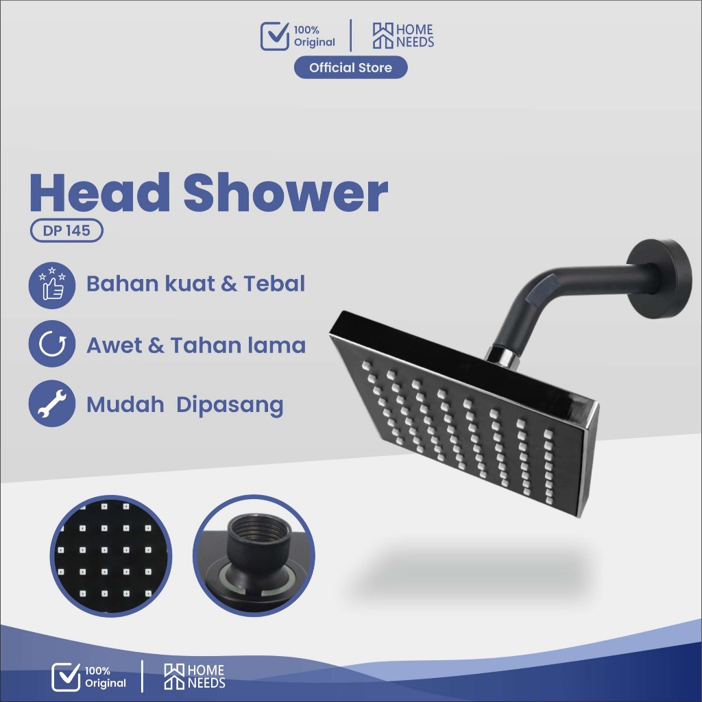 Homeneeds Kepala Shower Mandi Bentuk Kotak Hitam / Head Shower DP-145+DP-145-1+DP-145-2+WG-238-Hitam