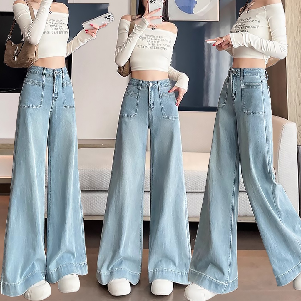 [Keygirl ] Biru muda Baggy Celana Jeans Panjang Wanita Highwaist Straight Wide Leg Causual Hiphop St