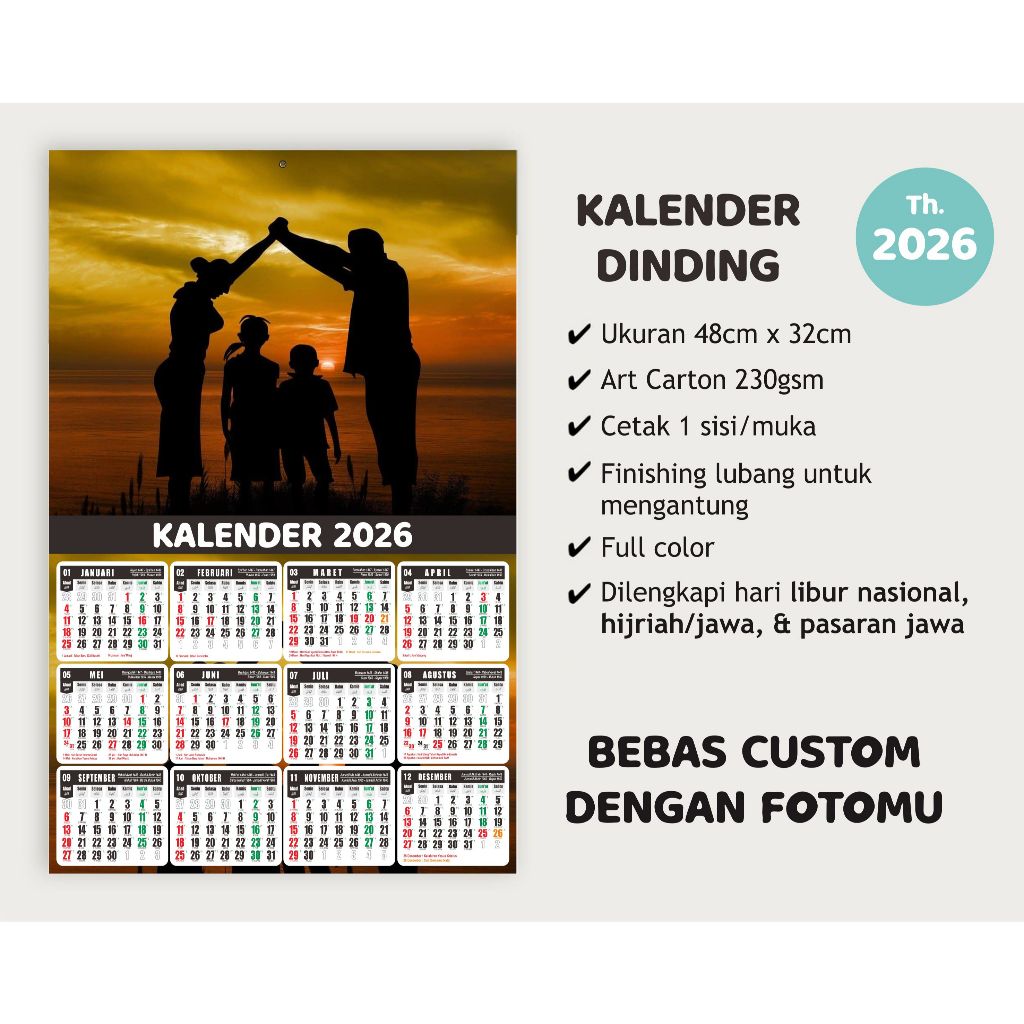 Kalender Dinding Tahun 2026 Tanggalan/Penanggalan Custom Sesuai Keinginan | TANPA MINIMAL PEMBELIAN