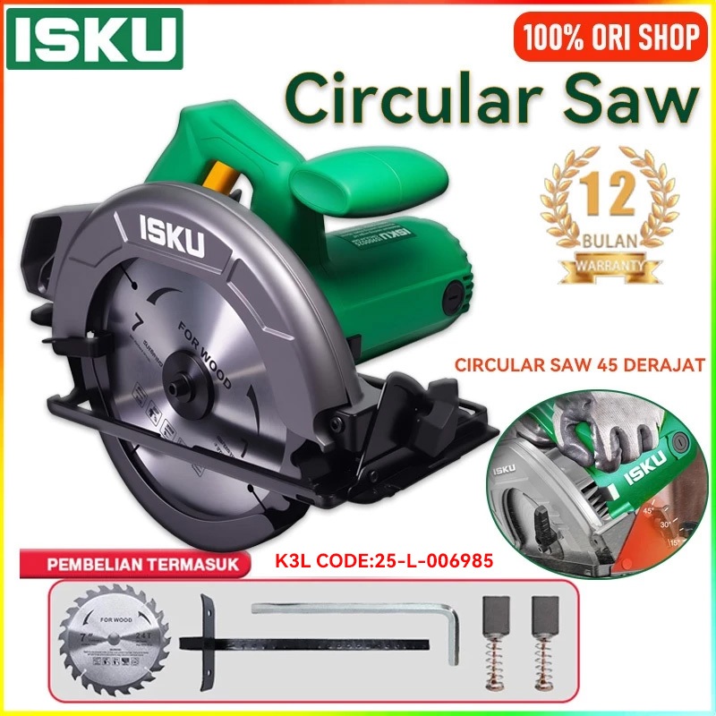 ISKU Mesin Gergaji Potong Kayu 1000W Circular Saw 7" Mesin Potong Kayu Gergaji Gergaji Tangan Listri