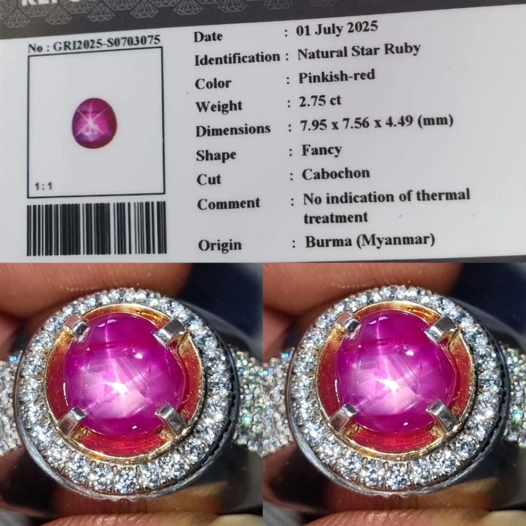 Hight Quality Natural Star Ruby 2.75 crt No Heated Burma Myanmar Id.card GRI.lab