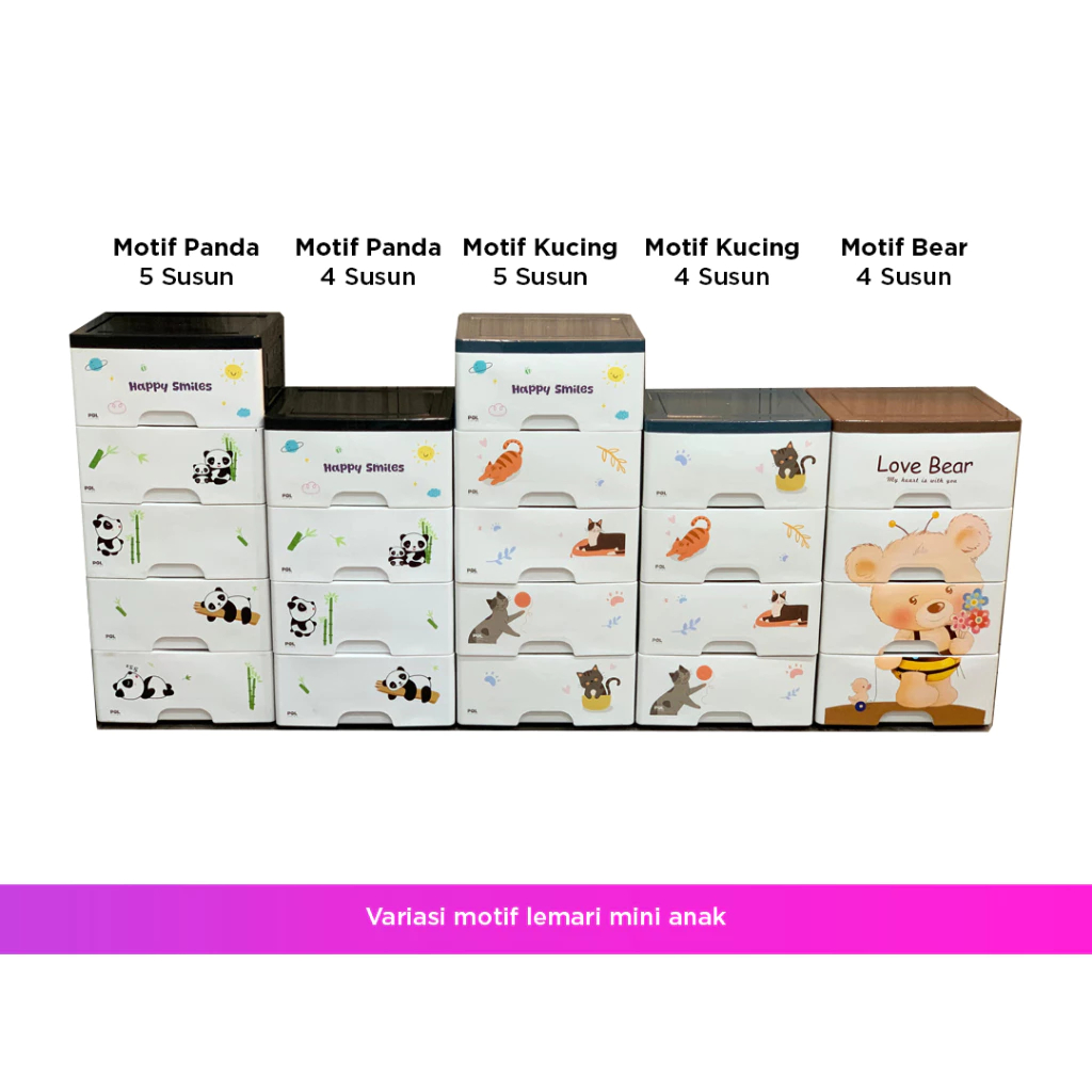 Tempat Penyimpanan Lemari Mini Kecil Pakaian Barang Aksessoris Baju Celana Mainan Kos Kabinet Anak 4 5 Susun Tingkat Panda Kucing Beruang Praktis Plastik Kartun Enteng Sepatu 36x30x79Cm Ramping Tipis Organizer Lemari Kamar