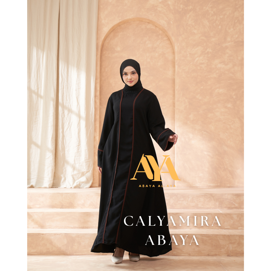 Abaya Al-AYA Calyamira Abaya model casual pesta modern syari, warna hitam pekat elegan, bahan jetbla