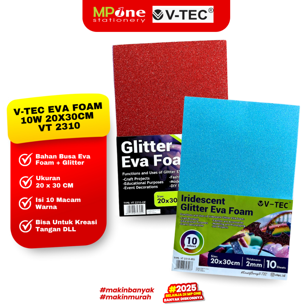 (1 SHEET) V-TEC Eva Foam Glitter 10 Warna Terang/Gelap VT-2310 / Busa Eva Glitte20x30cm / Foam Keraj