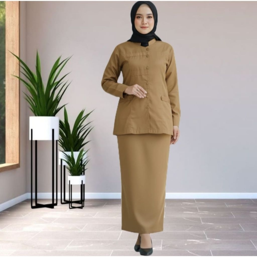 Stelan Baju Khaki Pemda Guru PNS Wanita Warna Khaki Tua