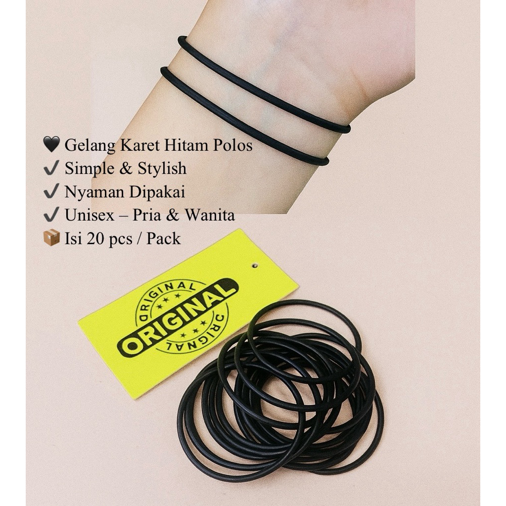 Gelang Tangan Karet Hitam Polos Isi 20pcs / Gelang Simple Unisex / Gelang Casual