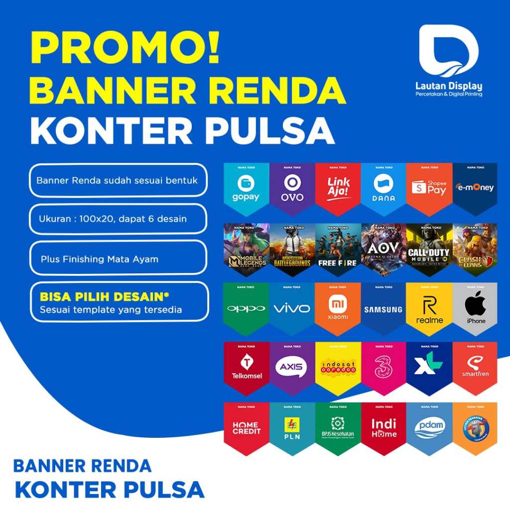 Banner Spanduk Rumbai Agen Konter Pulsa & Data Hiasan Kios Top Up Game Ewallet Bri Link Custom Nama