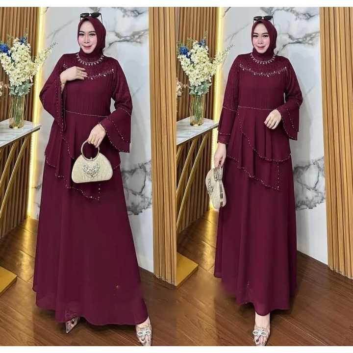 Gamis Muslimah Modern Ruffle Layer Premium Coklat Elegan