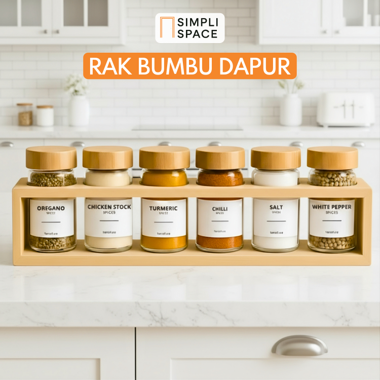 Rak Bumbu Dapur Estetik 6 Botol Kaca Spice Jar Rak Bumbu Kayu Storage Tempat Bumbu Dapur
