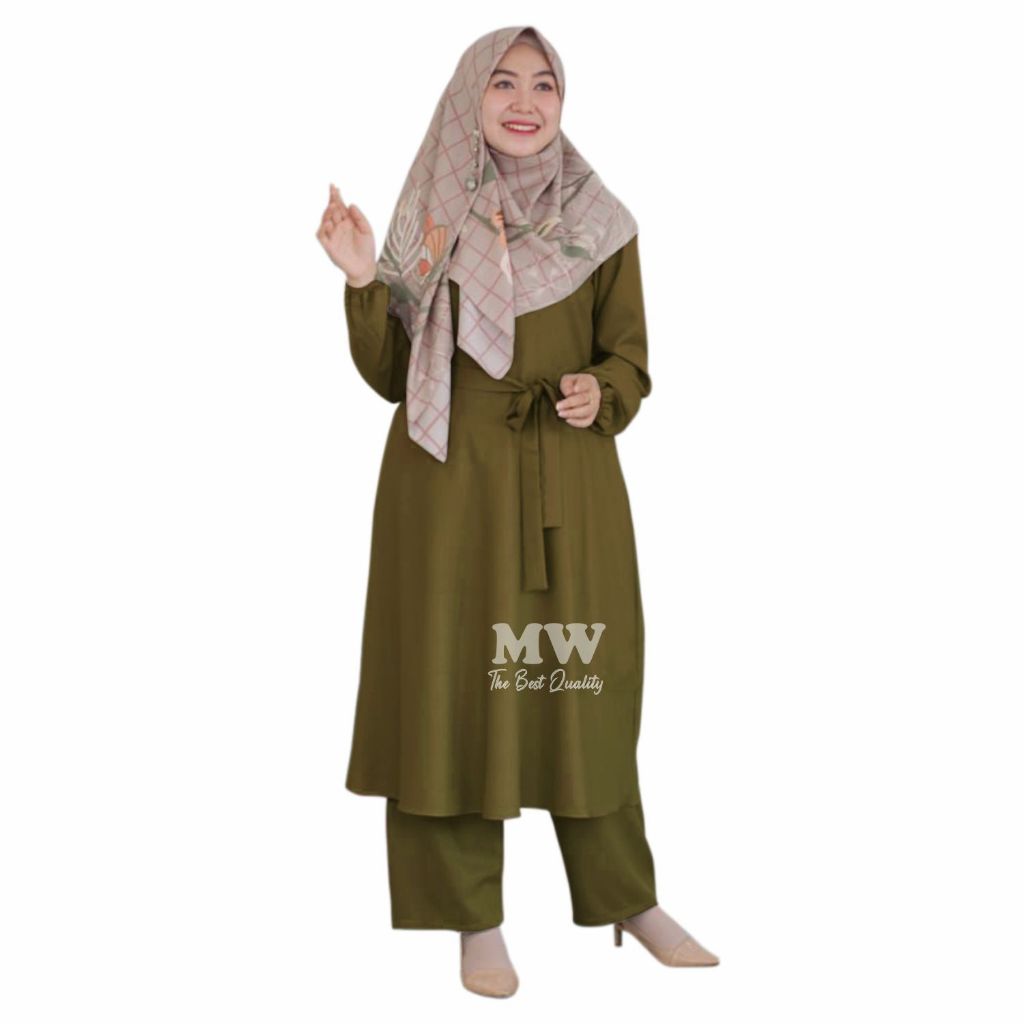 MUDAHHIJAB Setelan Tunik One Set Model Polos Bahan Ity Crepe Variasi Tali Lengan karet (Setelan Tuni