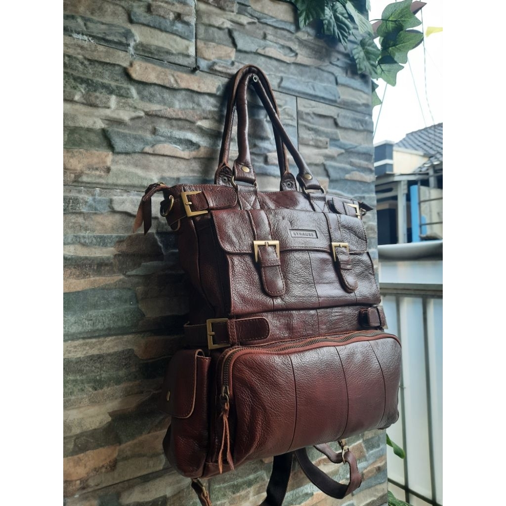Multifungsi Ransel Tenteng Sling Kulit Cokelat STRAUSS - TAS PRELOVED