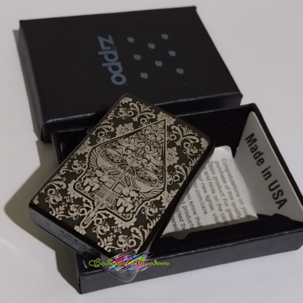 KOREK API ZIPPO BLACK MATTE CUSTOM GRAFIR GUNUNGAN WAYANG BATIK FLOWER ART DESIGN BISA BEBAS REQUEST