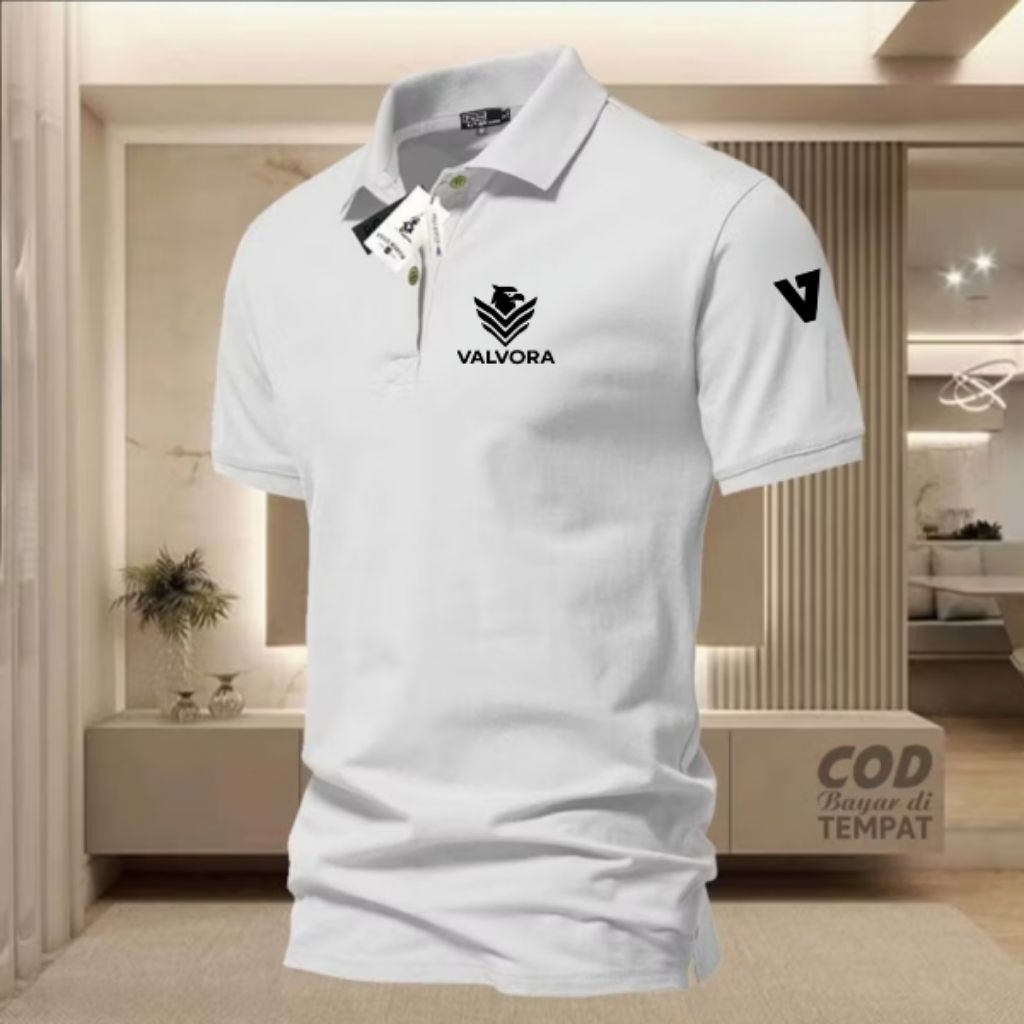Polo Shirt VALVORA + Lengan Motif Logo Text Hitam Kaos Polo Kerah Kaos Harian Kaos Kerja Premium Bra