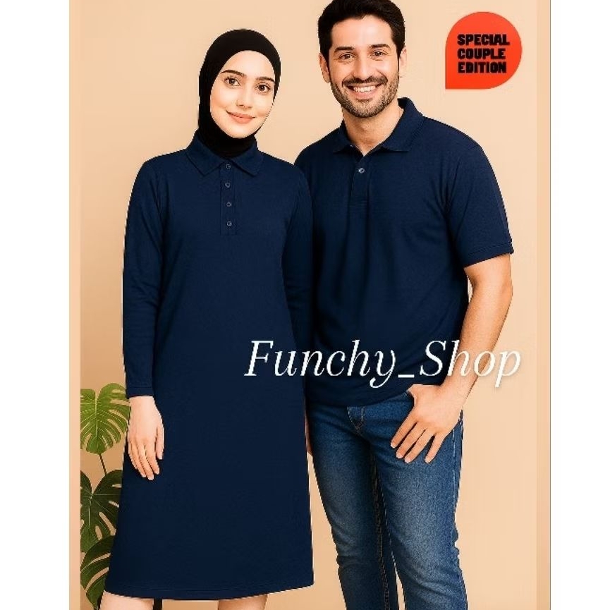 KAOS COUPLE KRAH POLO HITAM PRIA DAN WANITA - DRESS TUNIK POLO BAJU MUSLIM PASANGAN