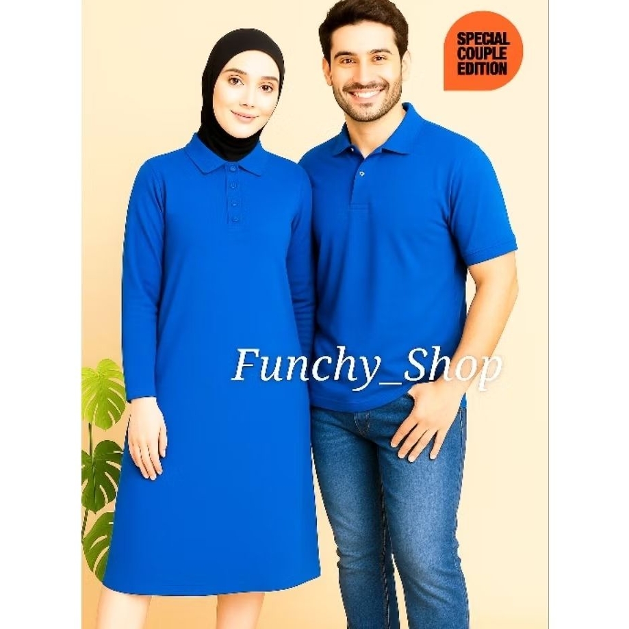 KAOS COUPLE POLO DRESS TUNIK BIRU TURKIS - BAJU MUSLIM PASANGAN