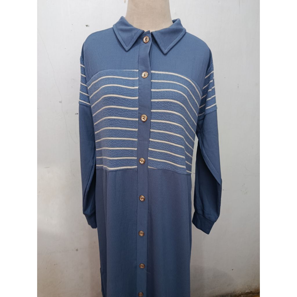 Gamis Soraya Knit Salur Biru Putih Kerah