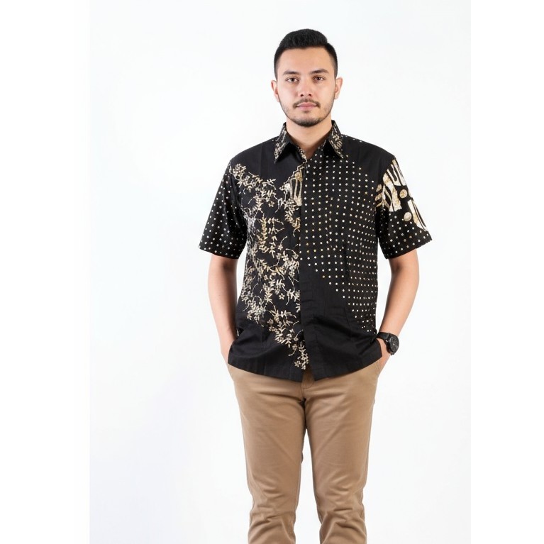 Kemeja Hem Batik Pria Lengan Pendek Hitam Putih 26 - Batik Nulaba