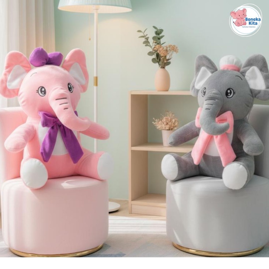 BONEKA KITA - Boneka Gajah Lucu Imut Lembut 40cm | Boneka Gajah Pita & Topi