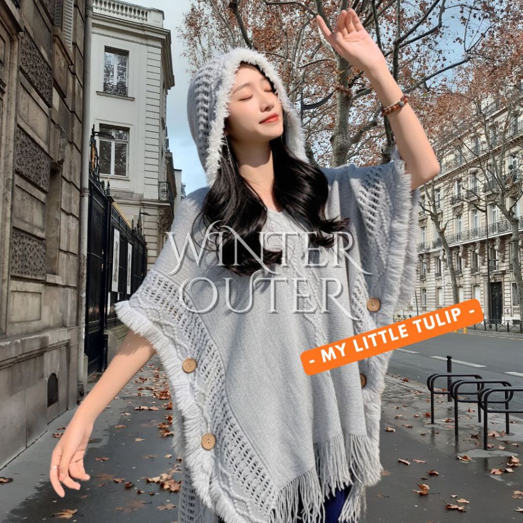 Sweater Rajut Wanita Winter Cape Hoodie Mori Style / Shawl Bohemian Style / Outer Winter Hangat