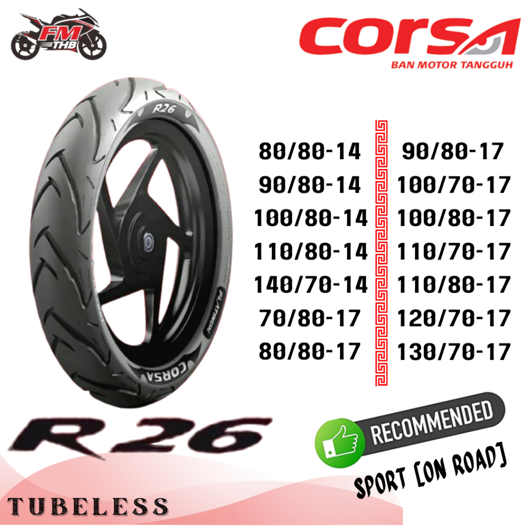 Ban Corsa R26 R-26 Ring 14 & 17 Tubeless - Ban Motor Tubeless/Tubles (Pilih Ukuran)