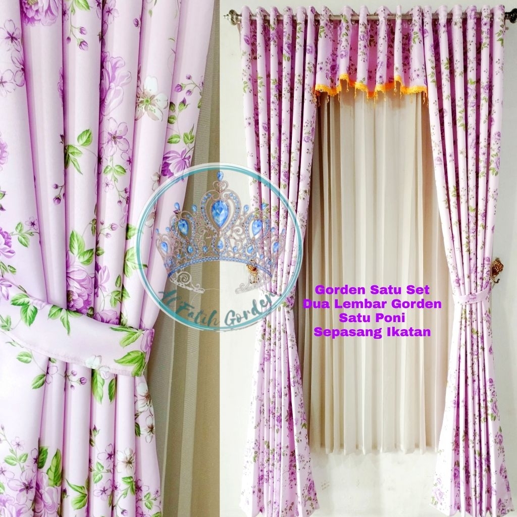 Gorden Satu Ker Poni Bahan  Blackout Panda Ungu Motif Bunga
