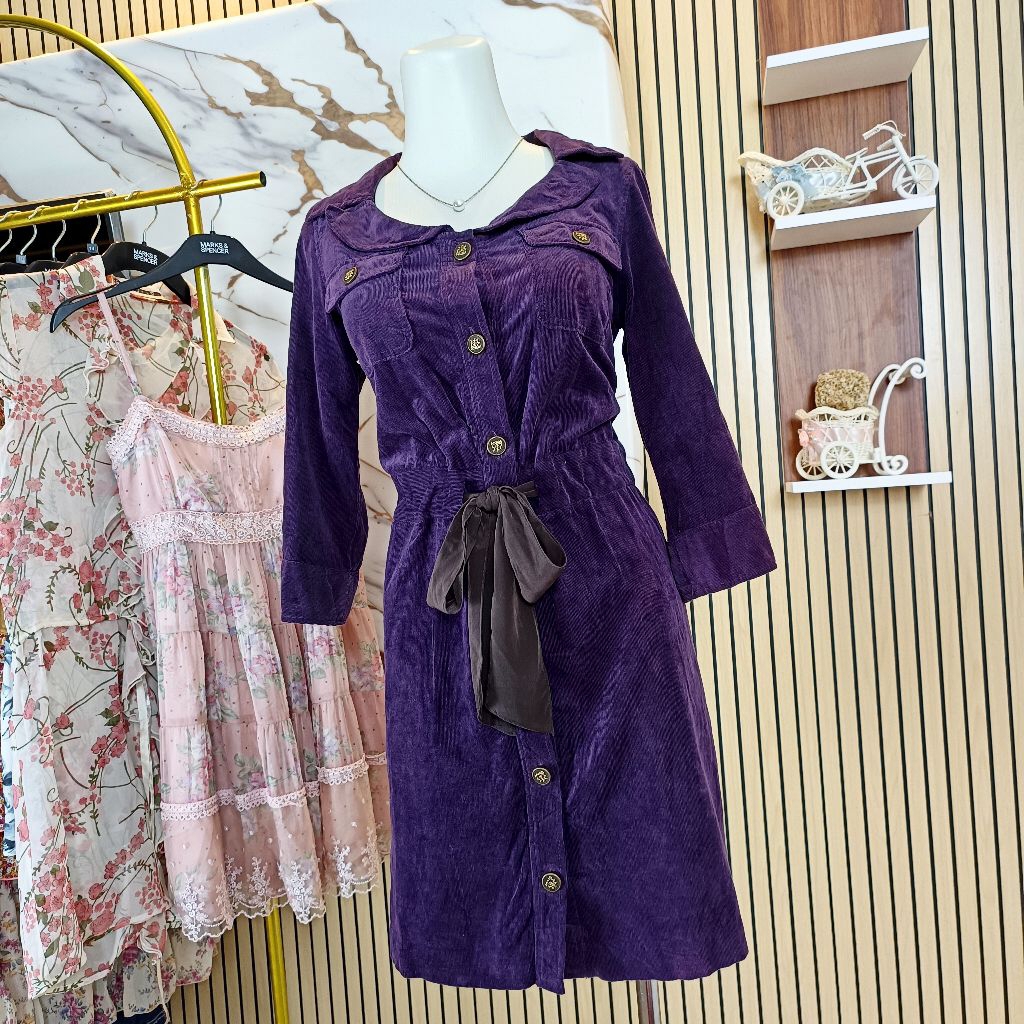 Korean Vintage Corduroy Purple Dress Import - FAVORI Original