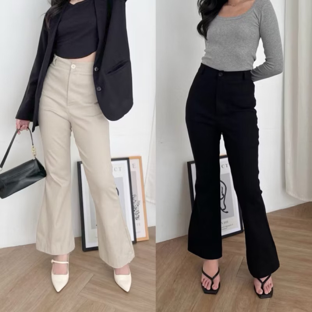 Rosetta Flare Pants Cotton Bawahan Wanita Celana Highwaist Semi Cutbray Katun Stretch