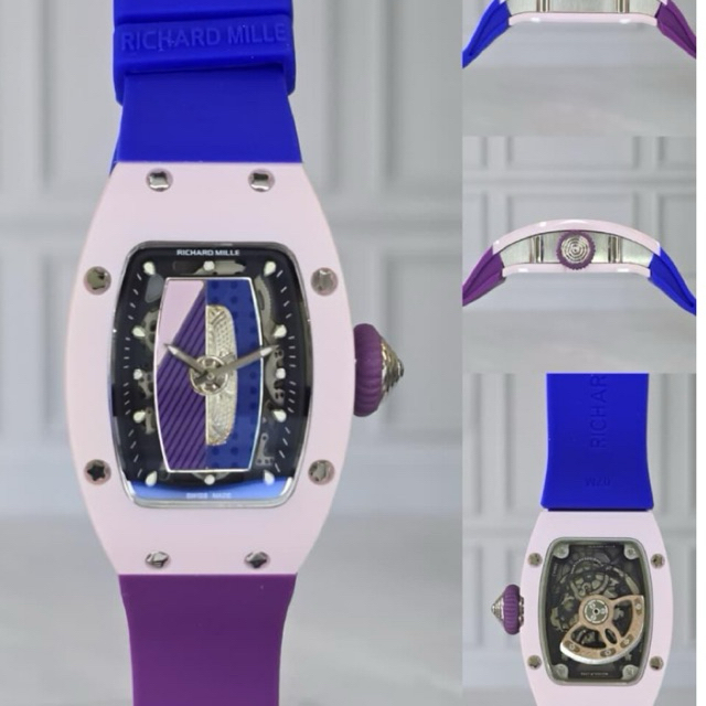 JAM TANGAN WANITA/CEWEK RM-007 CERAMIC MIX RUBBER UNGU BIRU AUTOMATIC SWISS #Jamtanganwanita #Jamtan