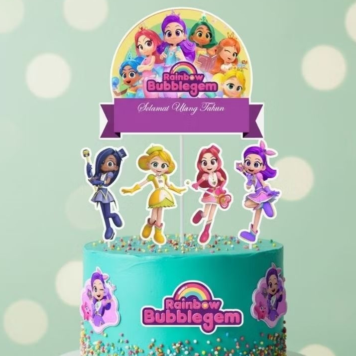 RAINBOW BUBBLEGUM/TOPPER CAKE RAINBOW BUBBLEGUM CUSTOM NAMA/ HIASAN KUE ULTAH TEMA RAINBOW BUBBLEGUM